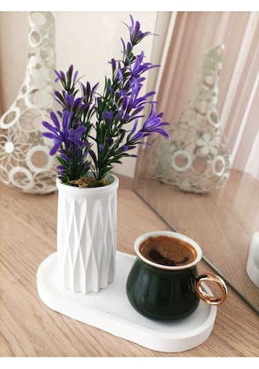 Mini Desenli Beton Saksı Tekli Ve Oval Tabak - Yapay Çiçek Hediyeli - Mor