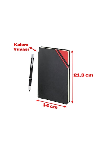 Kırmızı Touchpen Metal Tükenmez Kalemli Dikişli Çizgili Defter