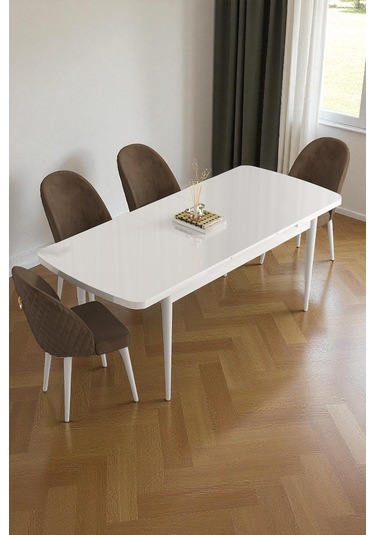Mura Beyaz 80x132 Açılabilir Mdf Masa Yemek Odası Takımı, Mutfak Takımı 4 Adet Sandalye Kahverengi