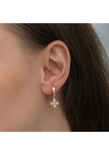 Aya Diamond Gümüş Gold Sallantılı Yonca Kadın Küpe Gold