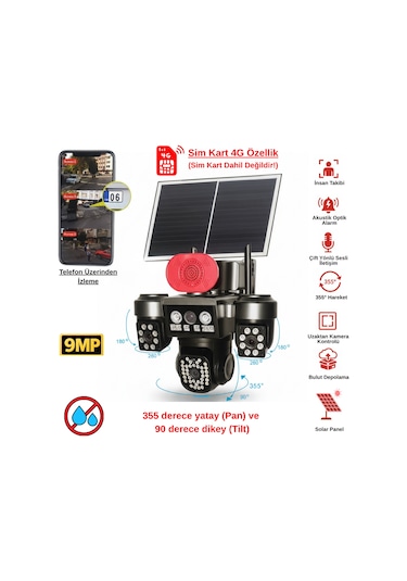 Apronx 9mp 4g Solar Ptz Kamera 3 Ekran 10x Optik Zoom 12w Panel 20.000 Mah Batarya Sım Kartlı