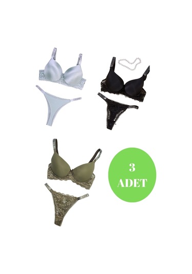 Murays Kadın 3lü Taşlı Mikro Sütyen Takım Gri/siyah/haki