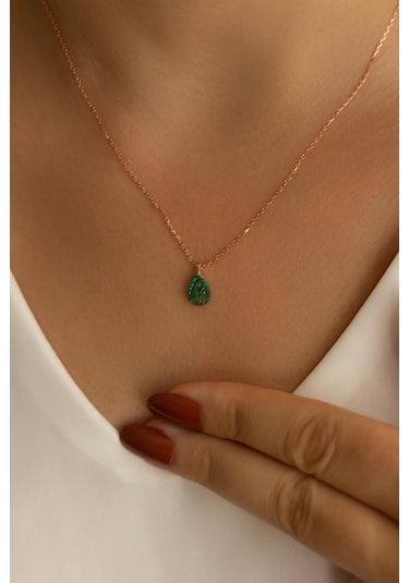 Bybarun Damla Zümrüt Yeşil Taşlı Gümüş Kolye Rose Gold