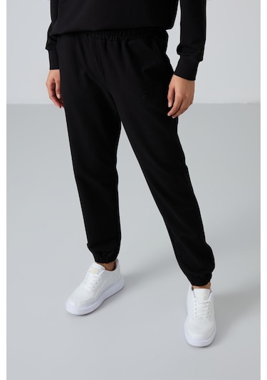 Tommy Life Siyah Basic Pamuklu O Yaka Oversize Lastik Paça Kadın Eşofman Takım - 95287 Siyah