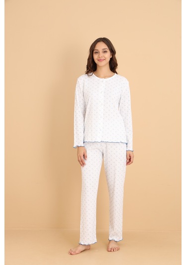 Mirano 8455 Pointel Kumaş Boydan Düğmeli Günlük Çiçekli Kadın Pijama Takımı Beyaz