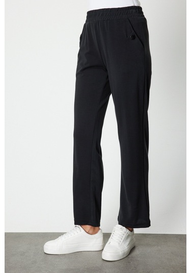 On Kadın Cebi Düğme Detaylı Eşofman Altı 66107 Siyah Siyah