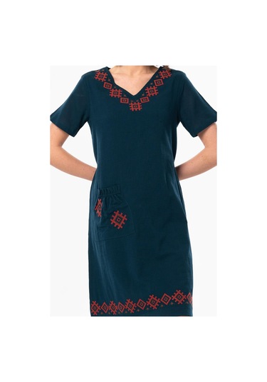 Kolsuz Şile Bezi Kruvaze Yaka Nakışlı Tülin Midi Boy Yazlık Otantik Elbise Petrol Ptrl-petrol