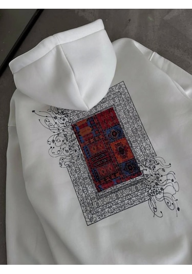 Efnaz Style Uzun Kol Kapşonlu Ön Ve Arka Baskılı Sweatshirt - Beyaz