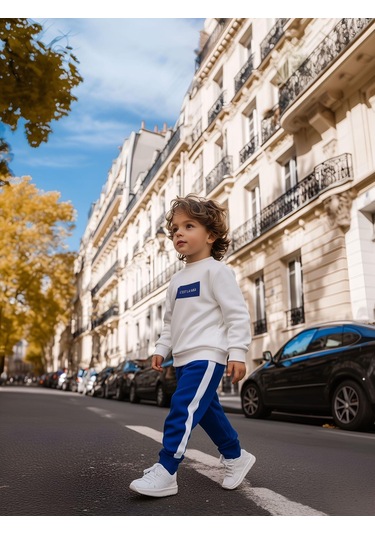 Baskılı Tek Çizgili Eşofman Takım Saks Mavi