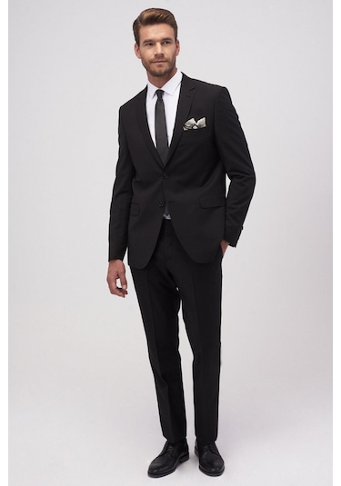 AC&Co / Altınyıldız Classics Erkek Siyah Slim Fit Dar Kesim Düz Siyah 8 Drop Su Geçirmez Nano Takım Elbise 4A3010000005SYH488N Siyah