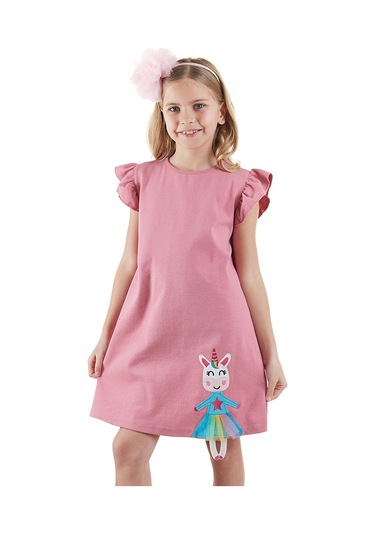 Denokids Lilycorn Kız Çocuk Pembe Yazlık Elbise Renkli Çok Renkli