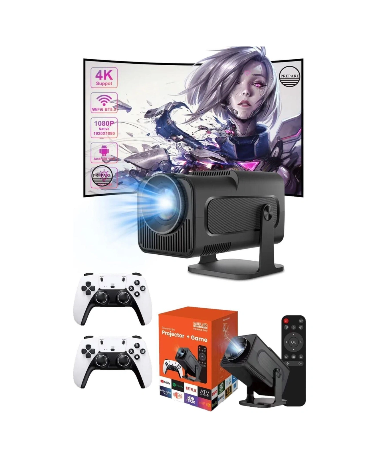 Oyunlu 150inç Pro Game Box Ultra Hd 4k 450 Ansi Lmn Projeksiyon Cihazı 2 Joystick Oyun Kolu -115652