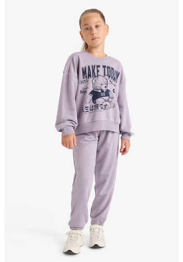 Defacto Kız Çocuk 2li Takım Baskılı Sweatshirt Eşofman Altı E6416a825aupr314 Mor