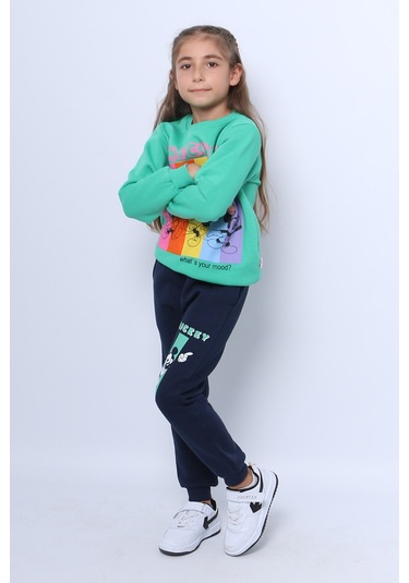 Kız Çocuk 3 İplik Eşofman Takımı Mickey Mouse Baskılı D36 Yeşil