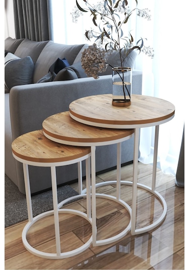 3' Lü C Zigon Sehpa Beyaz Ayak Atlantik Çam 18 Mm Sunta