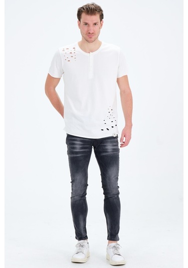 Erkek Gri Slim Fit Taş Yıkamalı Kot Pantolon 001