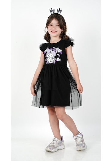Kuromi Siyah Tül Detaylı Kısa Kollu Kız Çocuk Elbisesi Siyah