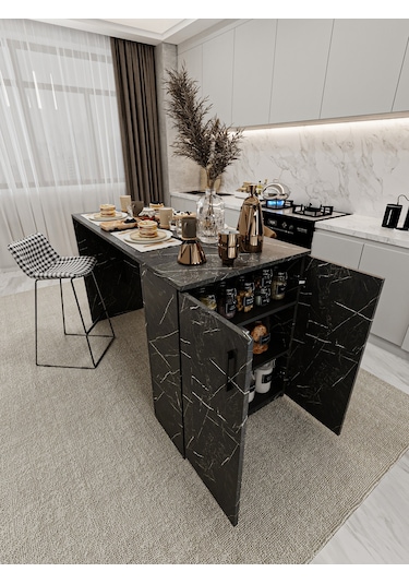 Asra Trend Mutfak Adası MA-04 %100 MDF Dolaplı Yemek ve Bar Masası Royal Mermer