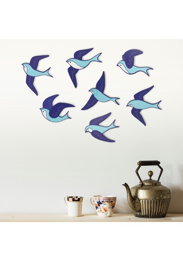 Cajuart Dekoratif 7 Parça Turkuaz Mavi Uçan Kuşlar Ahşap Duvar Tablo Duvar Dekoru