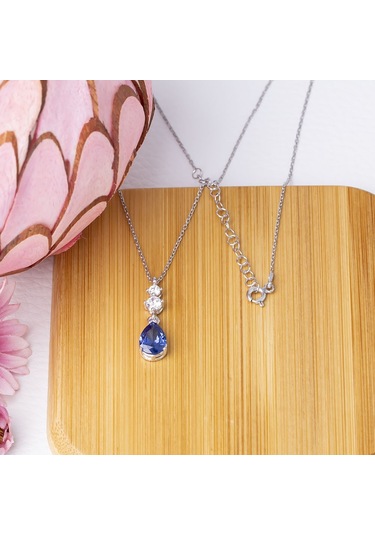 Lacivert Damla Model Zirkon Taşlı 925 Ayar Gümüş Kadın Kolye Gümüş - Rodyum
