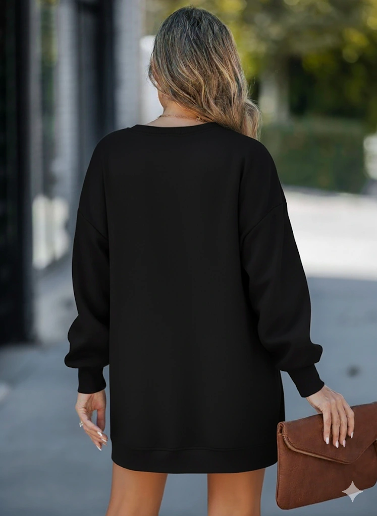 Kadın Oversize Sweatshirt Yan Fermuar Detaylı Uzun Kollu Siyah Tunik Siyah