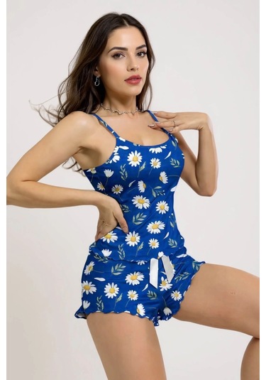 Hello Papana Hello Papana Papatya Desenli Mavi Askılı Şortlu Pijama Takımı Çok Renkli