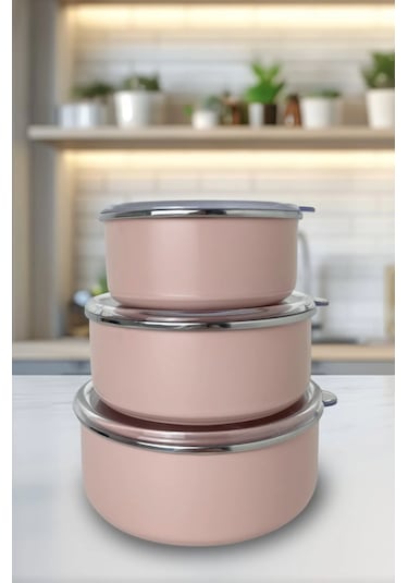 Mary 3'lü Emaye Saklama Kabı- Toprak Renk 14cm-16cm-18cm