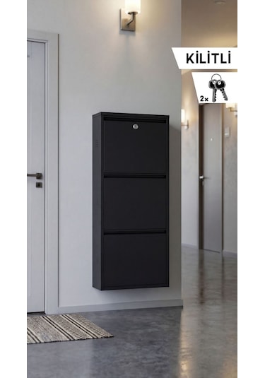 Kilitli Üçlü Metal Ayakkabılık Siyah Yedek Anahtarlı Siyah