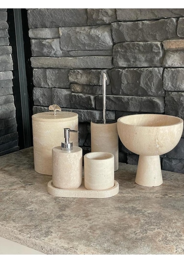 Yeni Model Traverten 6'lıbanyo Seti Ayaklı Kase Havluluklu Takım Beyaz