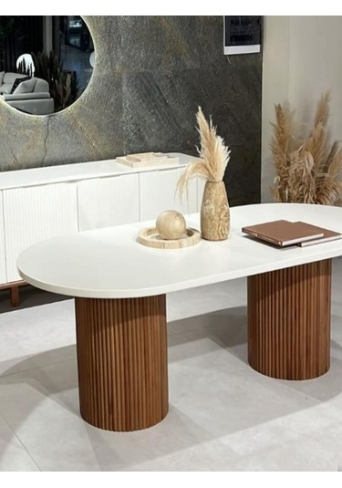 Echo İskandinav Oval Ahşap Bohem Masa 90x160 Ceviz - Beyaz