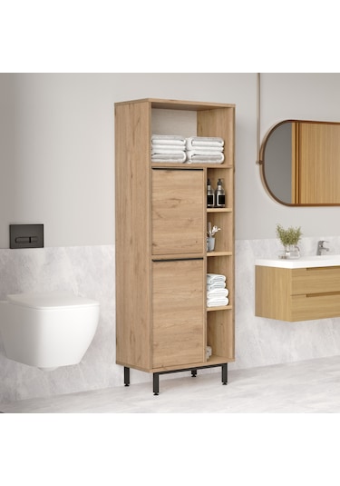 Lidya Banyo Dolabı Çok Amaçlı Dolap 2 Kapaklı Metal Ayaklı Sepet Kahverengi