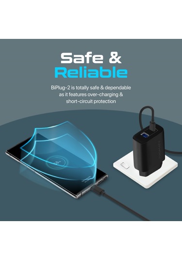 Promate BiPlug-2 17W Yüksek Hızlı Şarj Cihazı, 5V/3A Type-C, 5V/2,4A USB Duvar Şarj Adaptörü, Aşırı Şarj Koruma