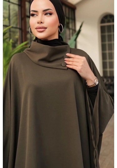 Düğme Detaylı Şık Tasarımlı Haki Şal Yaka Panço Haki