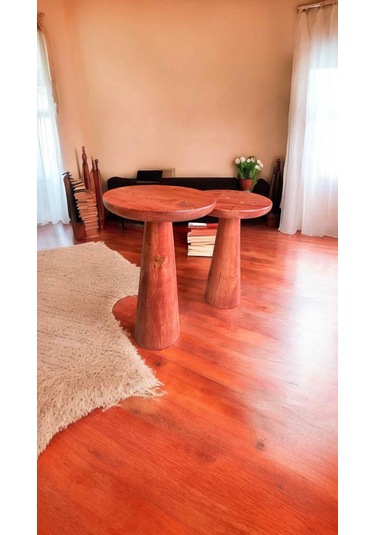 Ahşap Yan Sehpa Seti Doğal Masif 2 Li Maun Renk Zigon Fiskos