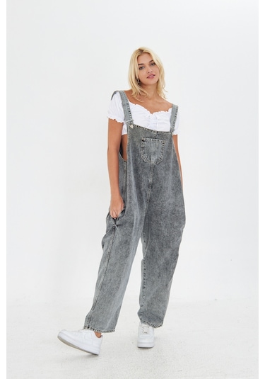 Antrasit Ayarlanabilir Askılı Cepli Oversize Kesim Denim Salopet Antrasit