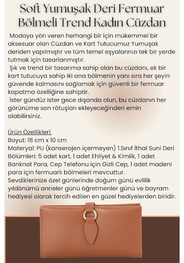 Soft Yumuşak Deri Fermuar Bölmeli Trend Kadın Cüzdan Turuncu Turuncu