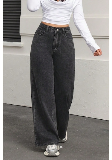 Koyu Füme Palazzo Pantolon Wide Leg Yüksek Bel Denim Jeans Gri