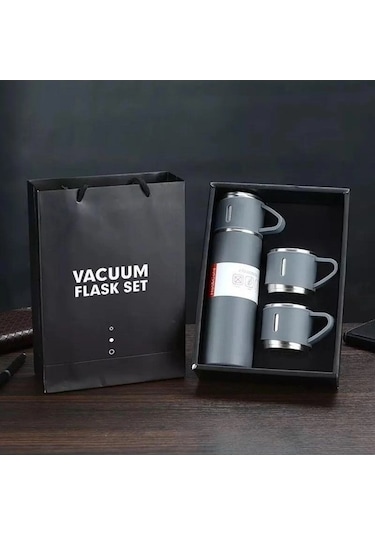 Vacuum Paslanmaz Çelik 3 Bardaklı Vakumlu Termos Set Gri 500 ML Gri