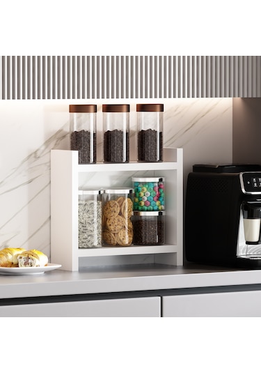 Dekorosso Lara Kahve Köşesi Rafı Mutfak Rafı Tezgah Rafı Beyaz