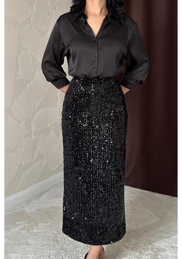 Siyah Pulpayetli Parlak Etek Siyah