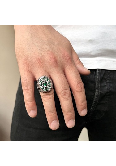 Özel Tasarım 925 Ayar Gümüş Yeşil Zirkon Taşlı Erkek Yüzük Gümüş