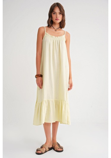 4740 Kadın Askılı Müslin Midi Elbise Sarı Sarı
