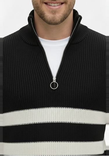 Deepsea Erkek Siyah Yarım Fermuarlı Oversize Kesim Triko Kazak Pamuklu Yumuşak Örgü Çizgili Kazak 2608513 Siyah