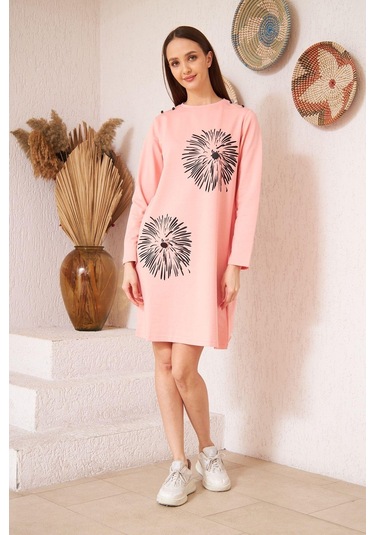 Darlin Moda Pudra Baskılı Düğme Detaylı Tunik DM60346 Çok Renkli