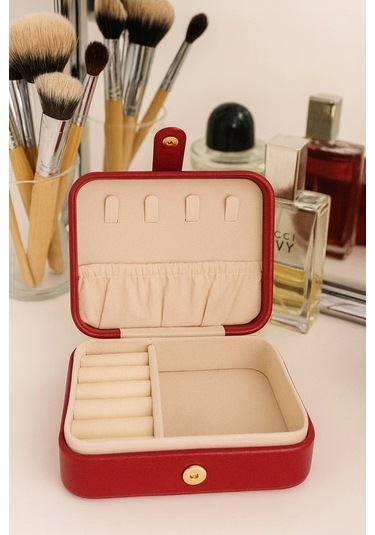 Deri Mini Baklava Desenli Seyahat Takı Bijuteri Mücevher Kutusu Organizer Düzenleyici 11,5cm Kırmızı