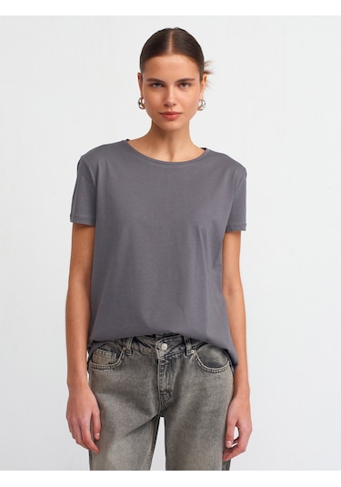 Dilvin Bisiklet Yaka Basic T-shirt-füme Füme