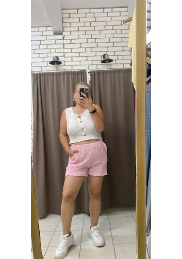 Tuba Toptaş Gofre Şort Lastikli Bel Pembe