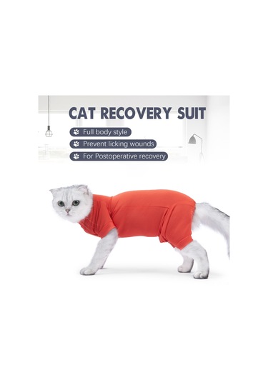 Vkemall Kedi Ameliyat Sonrası Koku Kıyafeti, Dört Ayaklı, Esnek Kumaş, Yara Yalama Engeli, Turuncu, Xs