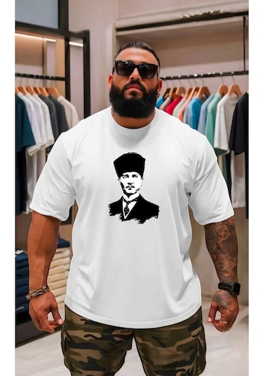 Atatürk Baskili Oversize Unisex Tişört Beyaz