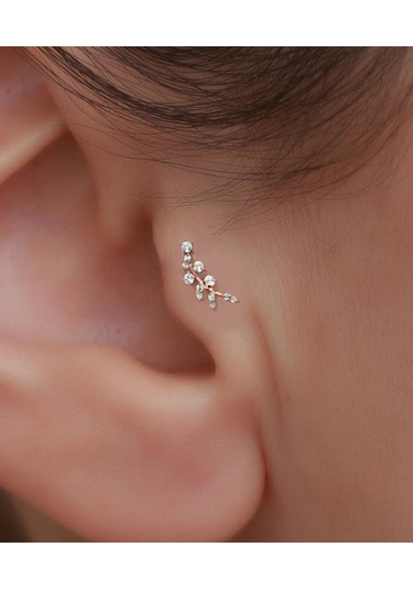 14 Ayar Altın Rose Taşlı Dal Tragus Piercing Sarı Altın